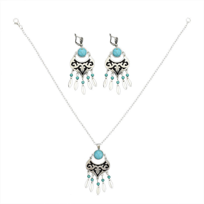 Wholesale Turquoise Leaf Tassel Alloy Earrings Necklace Set JDC-NE-Yunl004 Necklaces 云罗 7072green Wholesale Jewelry JoyasDeChina Joyas De China