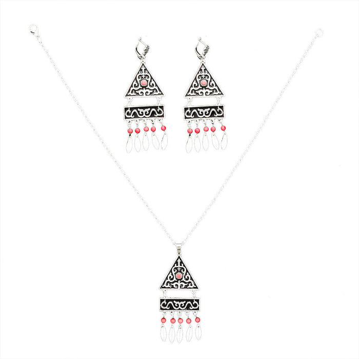 Wholesale Turquoise Leaf Tassel Alloy Earrings Necklace Set JDC-NE-Yunl004 Necklaces 云罗 7073red Wholesale Jewelry JoyasDeChina Joyas De China