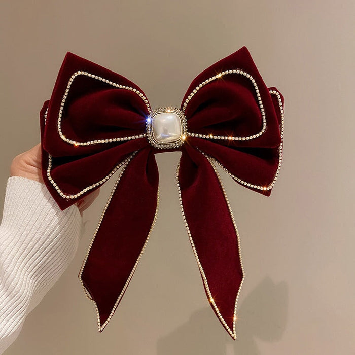 Wholesale velvet diamond-encrusted pearl bow hairpin JDC-HC-BaoY001 Hair Clips 宝钰 claret Wholesale Jewelry JoyasDeChina Joyas De China