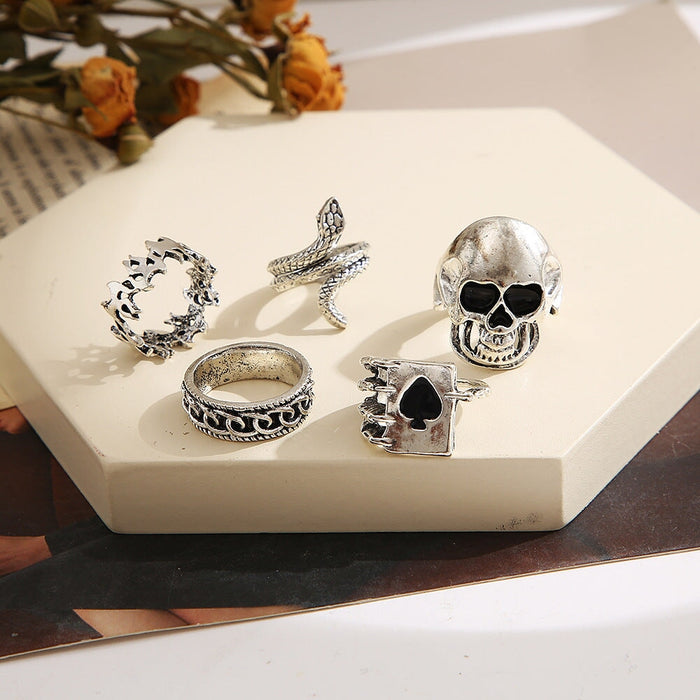 Wholesale vintage antique silver spades solitaire joint alloy ring 5 piece set JDC-RS-F076 Rings 韩之尚 Wholesale Jewelry JoyasDeChina Joyas De China