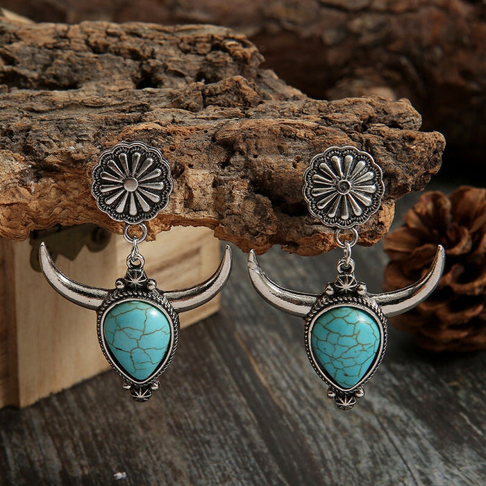 Wholesale vintage bull head water drop turquoise stud earrings JDC-ES-saip042 Earrings 赛蒲 Wholesale Jewelry JoyasDeChina Joyas De China