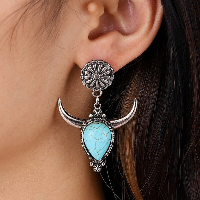Wholesale vintage bull head water drop turquoise stud earrings JDC-ES-saip042 Earrings 赛蒲 Wholesale Jewelry JoyasDeChina Joyas De China