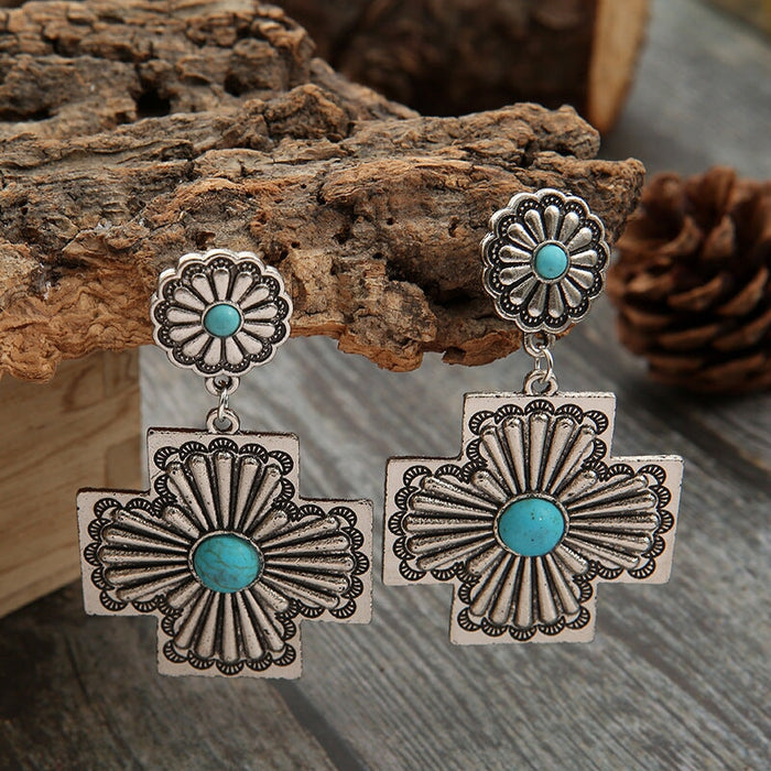 Wholesale vintage western turquoise engraved metal earrings JDC-ES-saip034 Earrings 赛蒲 Wholesale Jewelry JoyasDeChina Joyas De China