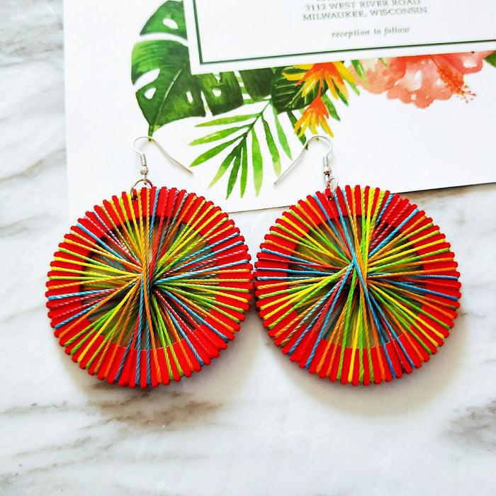 Wholesale Vintage Wood Bound Round Wood Geometric Drop Earrings MOQ≥2 JDC-ES-AnX007 Earrings 安修 Red Wholesale Jewelry JoyasDeChina Joyas De China