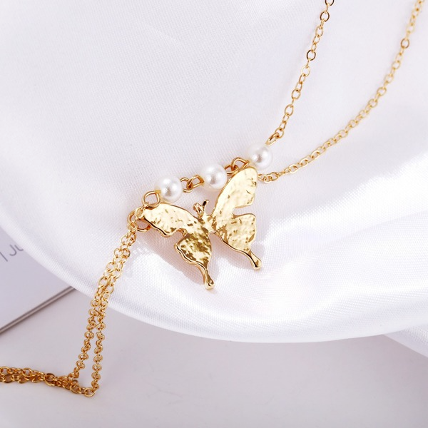 Bulk Jewelry Wholesale white alloy double-layered imitation pearl butterfly pendant necklace JDC-NE-F309 Wholesale factory from China YIWU China