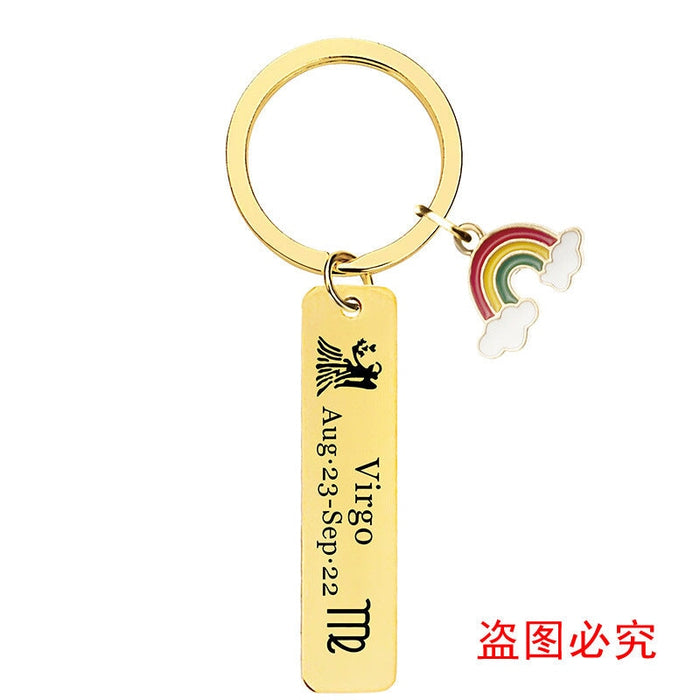 Wholesale Zodiac Sign Gold Stainless Steel Lettering Rainbow Metal Keychain JDC-KC-GangGu022 Keychains 钢古 Wholesale Jewelry JoyasDeChina Joyas De China