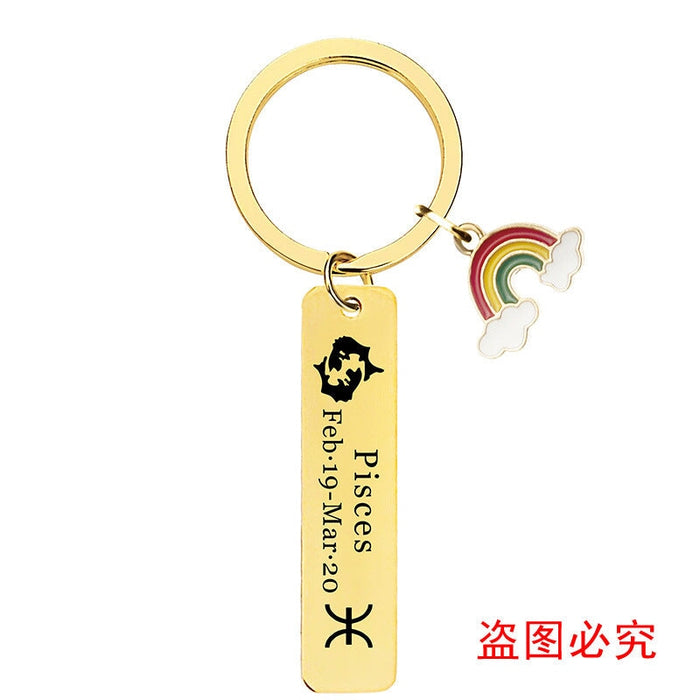 Wholesale Zodiac Sign Gold Stainless Steel Lettering Rainbow Metal Keychain JDC-KC-GangGu022 Keychains 钢古 39 Wholesale Jewelry JoyasDeChina Joyas De China