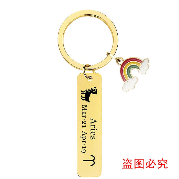 Wholesale Zodiac Sign Gold Stainless Steel Lettering Rainbow Metal Keychain JDC-KC-GangGu022 Keychains 钢古 40 Wholesale Jewelry JoyasDeChina Joyas De China