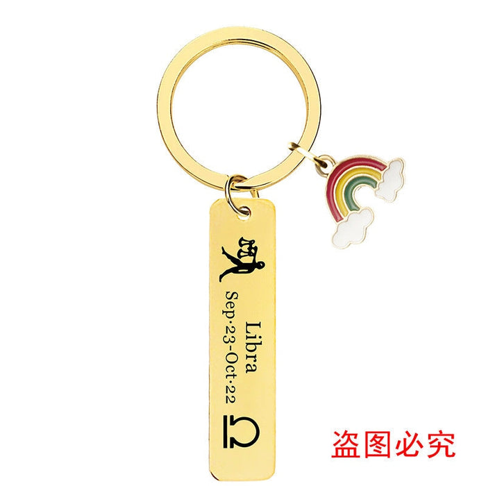 Wholesale Zodiac Sign Gold Stainless Steel Lettering Rainbow Metal Keychain JDC-KC-GangGu022 Keychains 钢古 46 Wholesale Jewelry JoyasDeChina Joyas De China