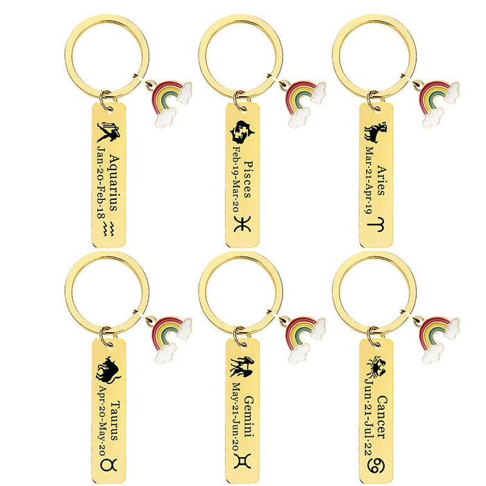 Wholesale Zodiac Sign Gold Stainless Steel Lettering Rainbow Metal Keychain JDC-KC-GangGu022 Keychains 钢古 Wholesale Jewelry JoyasDeChina Joyas De China